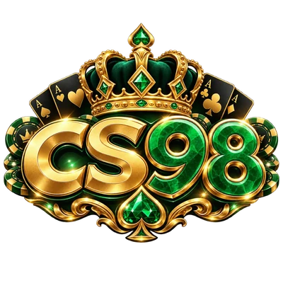 CS98 โลโก้คาสิโนออนไลน์สีเขียวทอง พร้อมมงกุฎหรูหราและสัญลักษณ์ไพ่คาสิโน